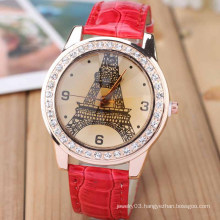 2015 new design fashion tea face Eiffel Tower gunuine leather quartz wrist watch for women